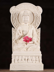 Porcelain Buddha Statue Seated in Lotus Position with a Stunning Detailed Arch 14”